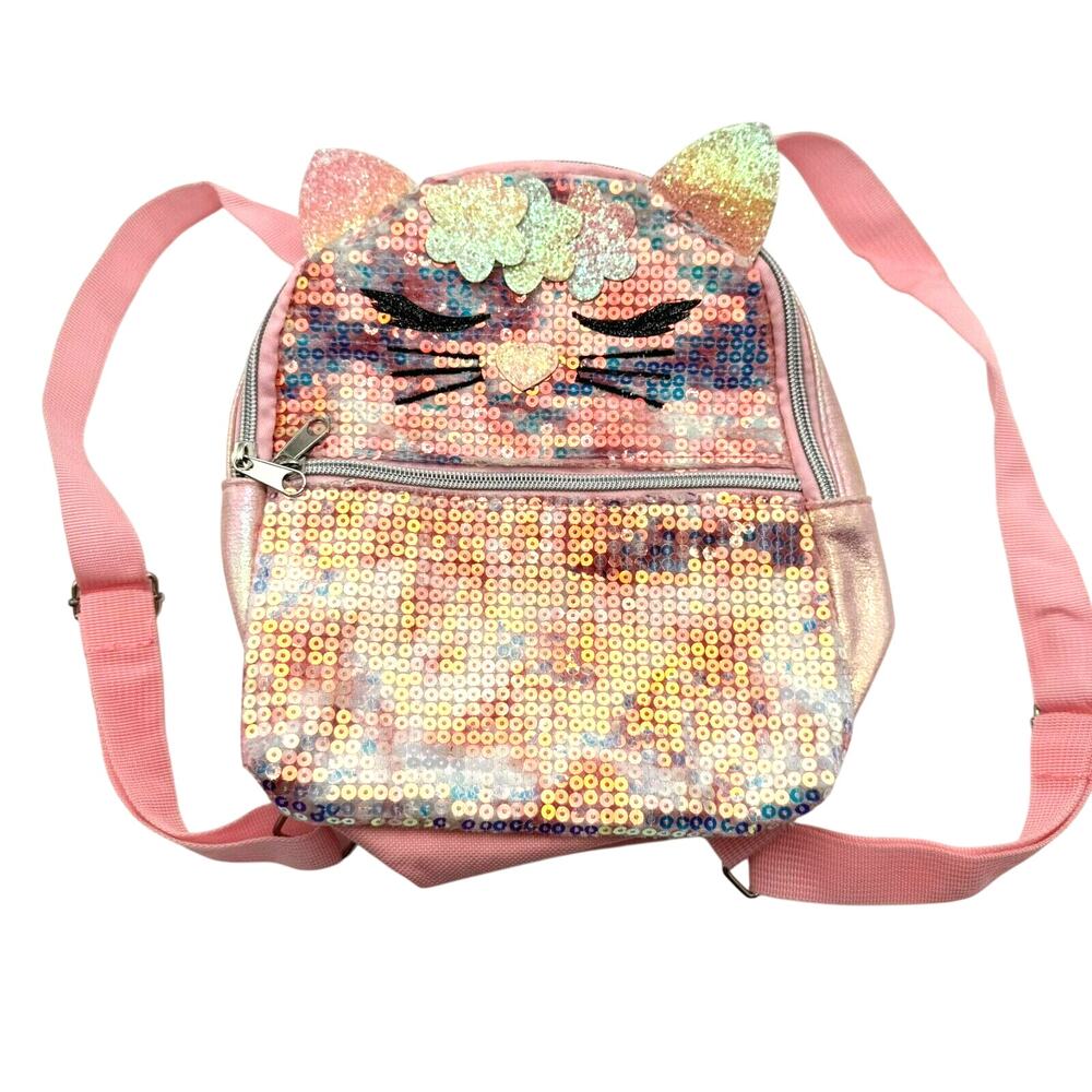 P.S. AEROPOSTALE New Pink Purple Sequin Cat Flowers Mini Backpack Purse Kawaii